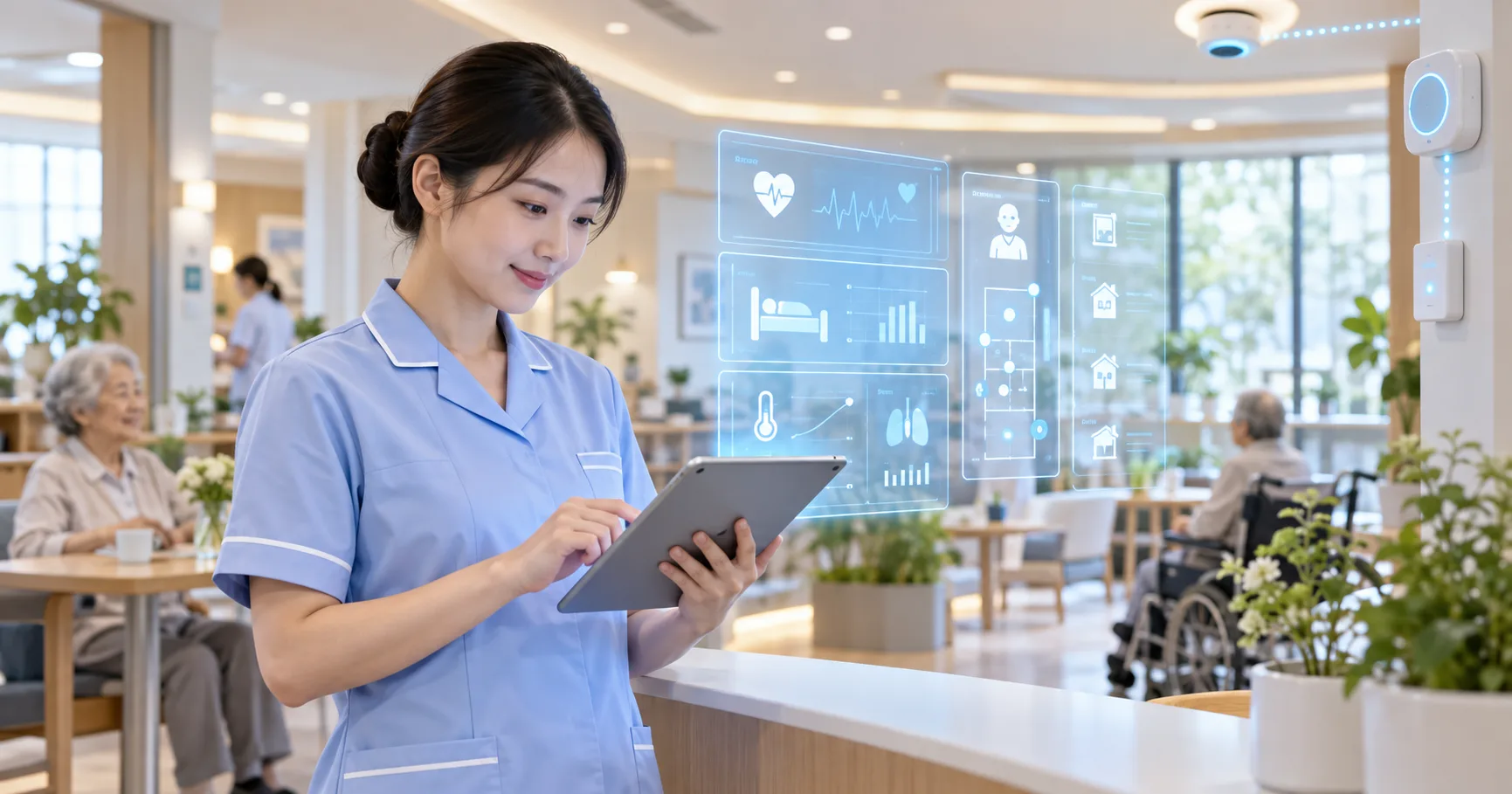 照護人員在長照中心以平板查看生命徵象、床位與環境感測的整合介面