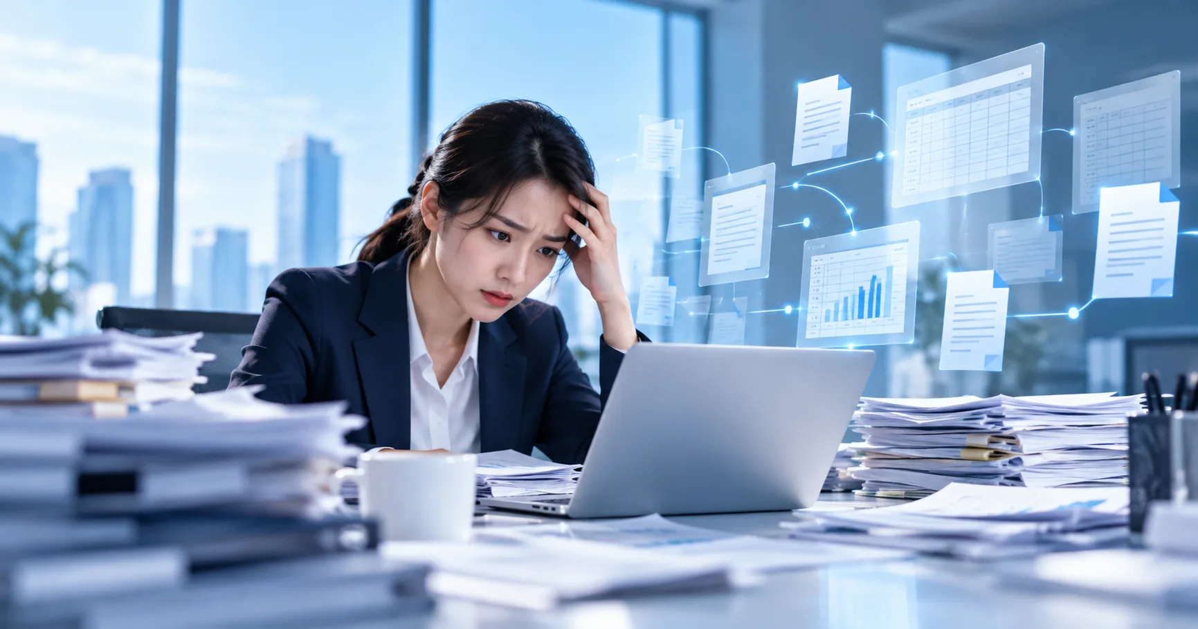 上班族面對成堆文件與散落各處的數位報表，扶額苦惱