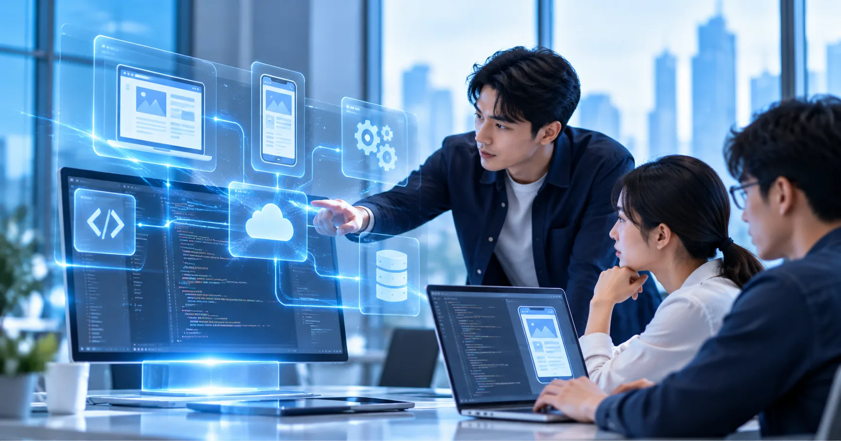 開發團隊在辦公室討論程式碼、App 與雲端服務的全息介面