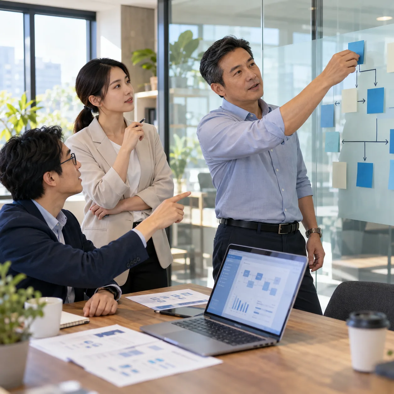 系統顧問與企業團隊共同檢視流程圖,討論作業流程重新設計與系統整合