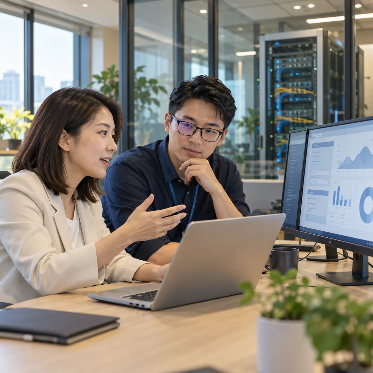 企業人員與資訊顧問討論 AI 系統開發，背景為支援應用服務的網路與伺服器設備